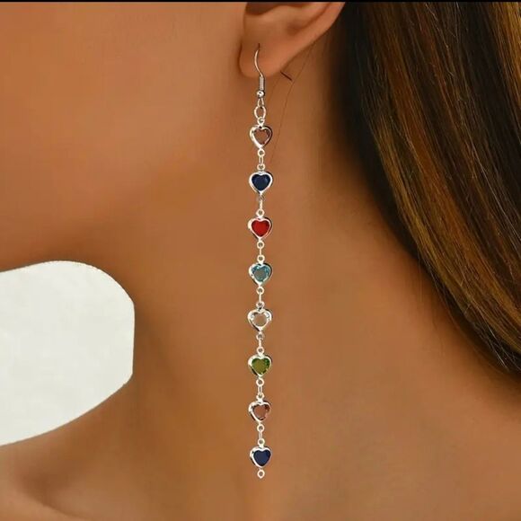 Silver Multicolor Rhinestone Heart Dangle Earrings - Picture 2 of 3